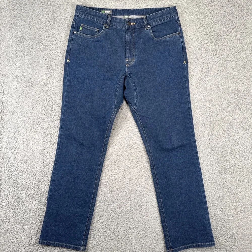 Stio Jeans Men 33 S (fit 34x30) Blue Rivet Straight Fit Dark Wash Organic Cotton